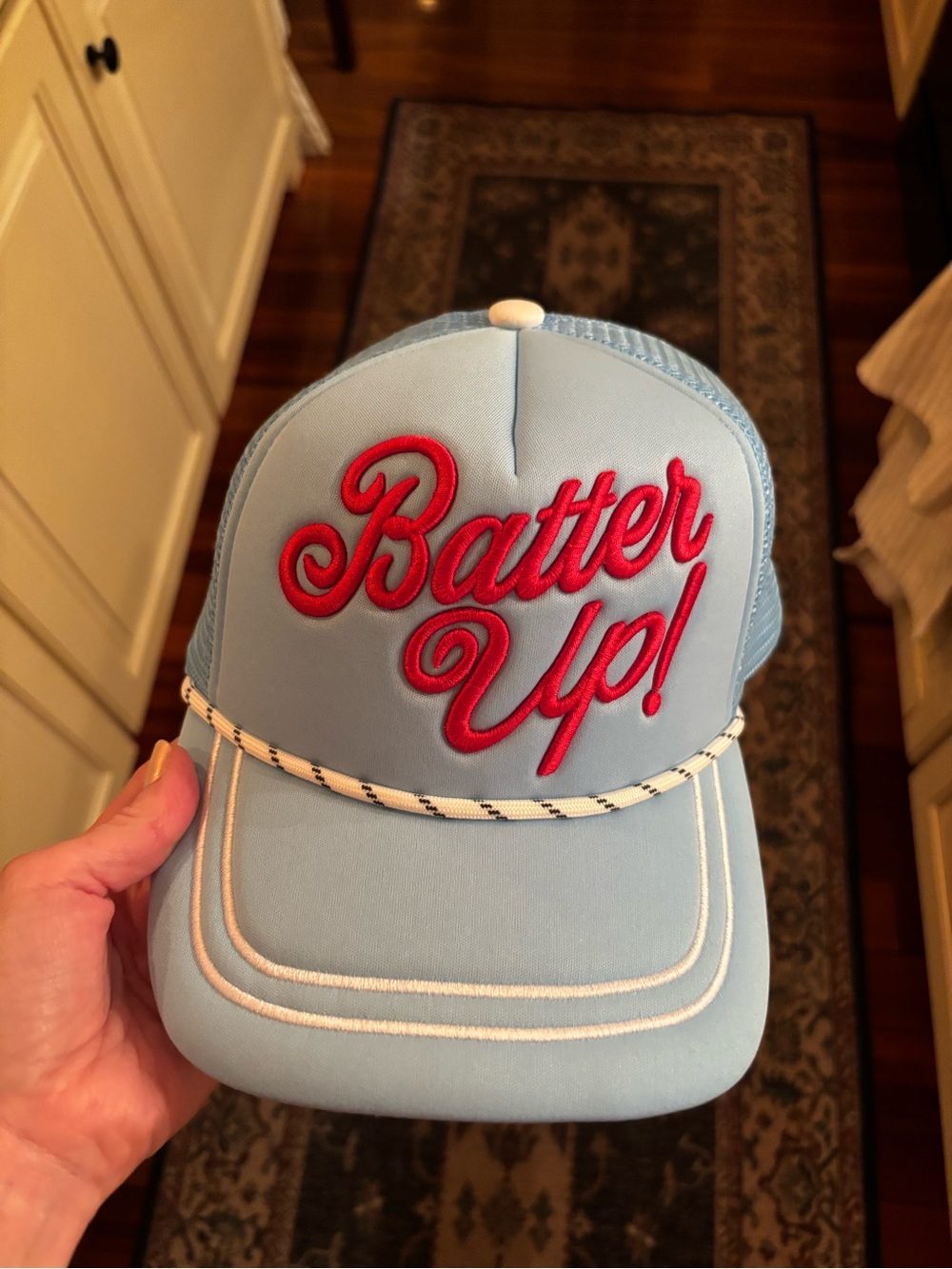 Light Blue "Batter Up!" Women’s Baseball Cap - Red Script